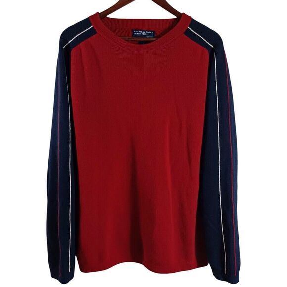 Vtg Wool American Eagle L Men's AE77 Performance Sweater Red Blue Sleeve Stripe - Picture 1 of 10